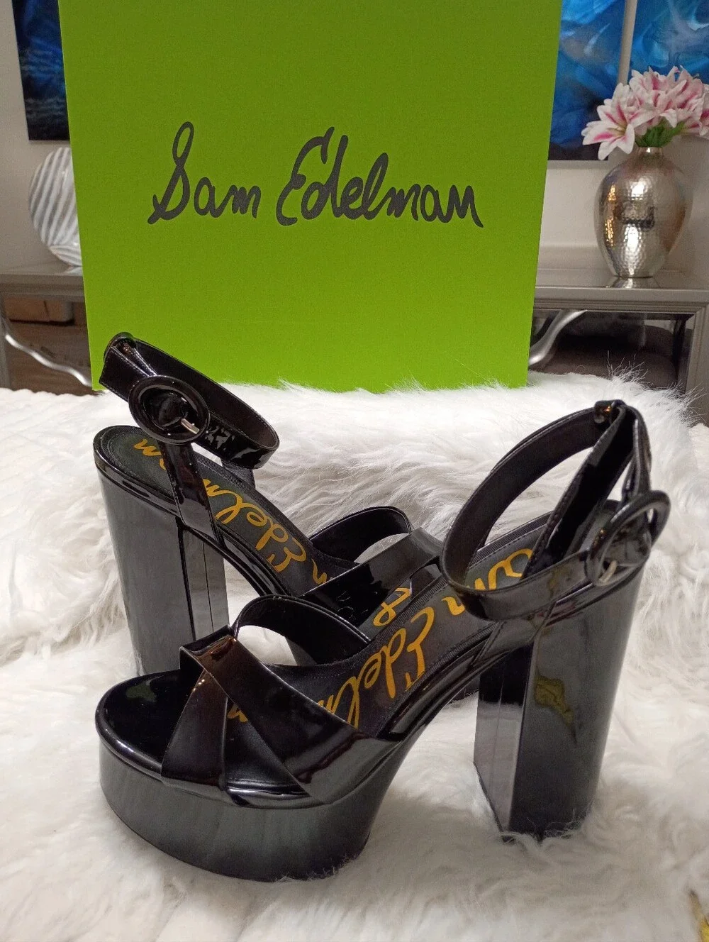 New Sam Edelman Savannah Black Patent Platform Block-Heel Sandals 10